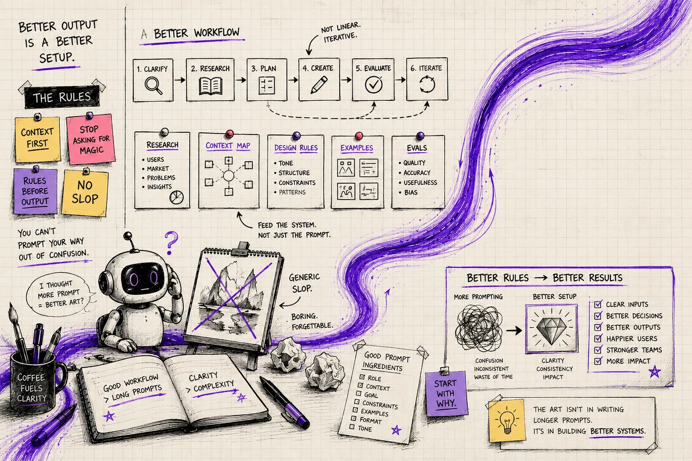 Sketchnote diagram showing a better AI workflow: clarify, research, plan, create, evaluate, iterate — with notes on good prompt ingredients, context maps, design rules, and the message that better rules lead to better results
