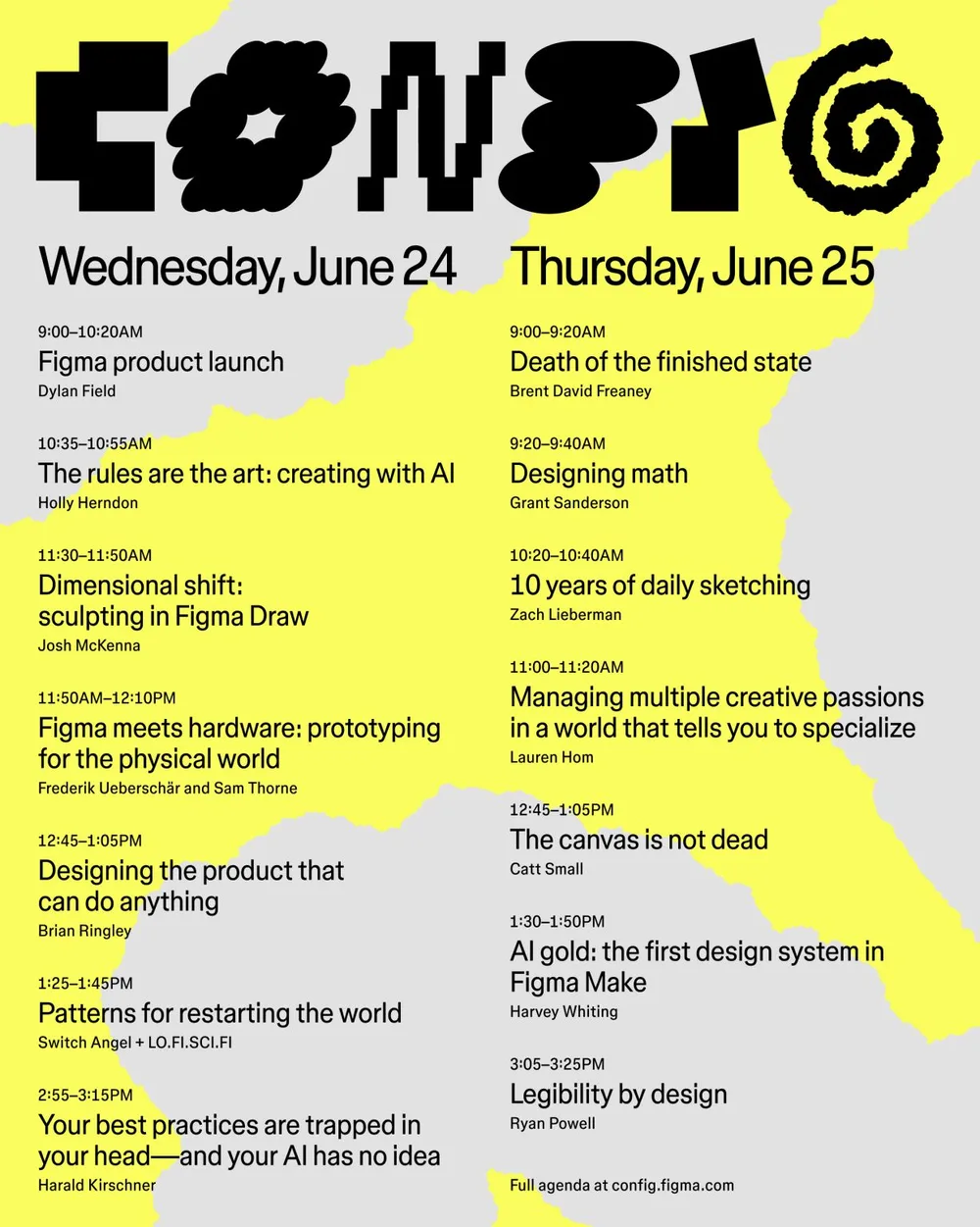 Official Figma Config 2026 conference schedule showing sessions across Wednesday June 24 and Thursday June 25