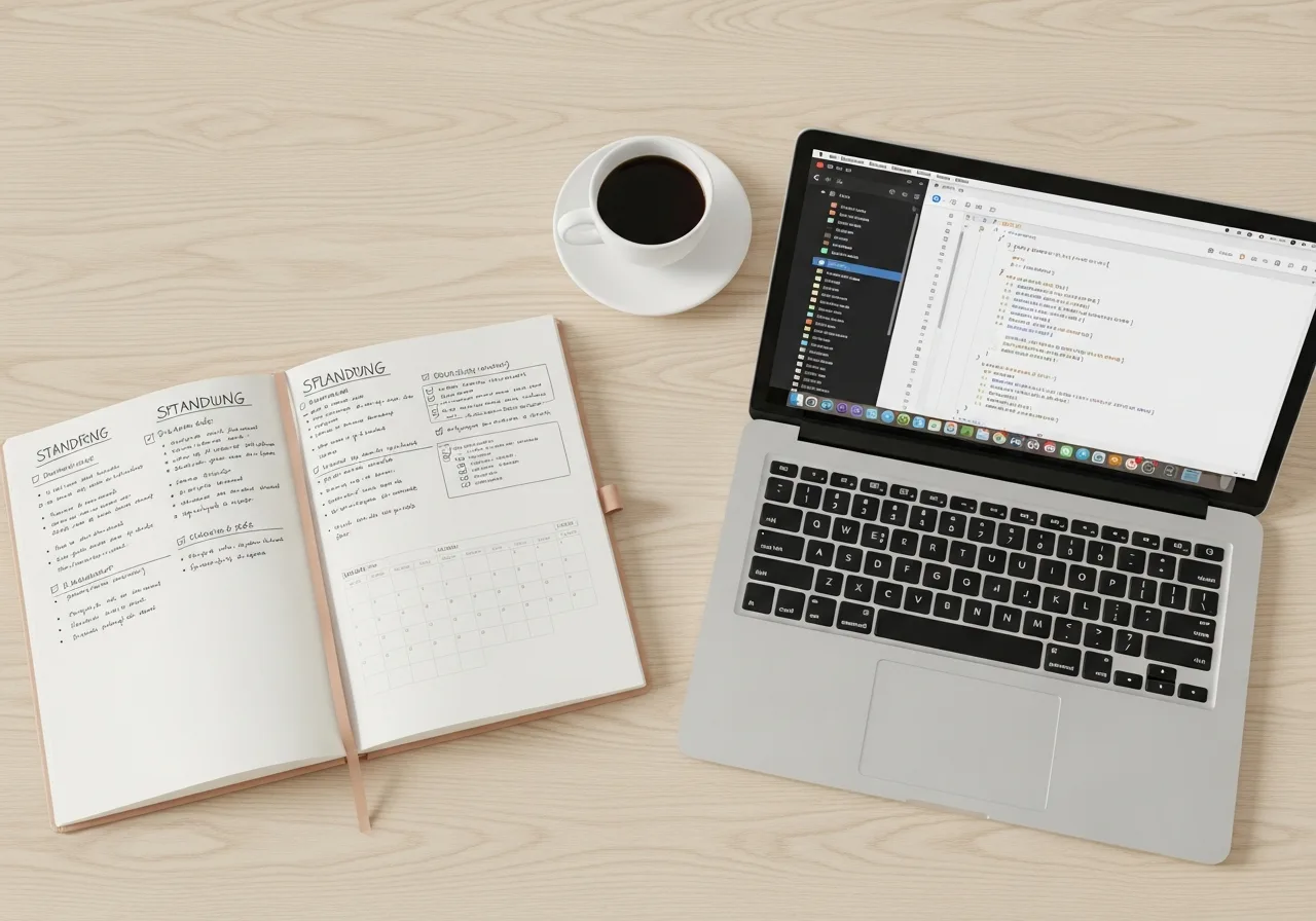 Overhead view of a clean desk with an open planning notebook, laptop showing organised markdown files, and a coffee cup