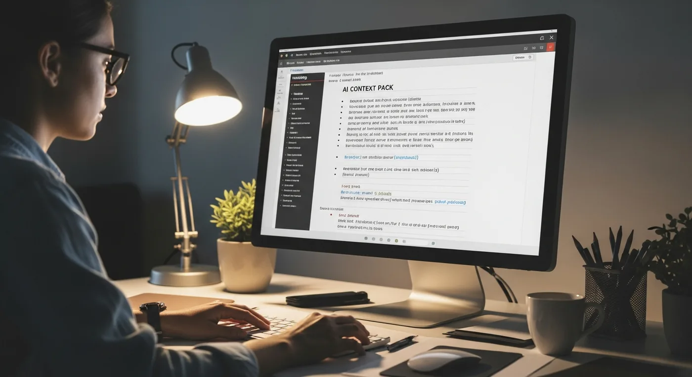Designer working at a calm, organised desk with a structured AI context pack visible on screen