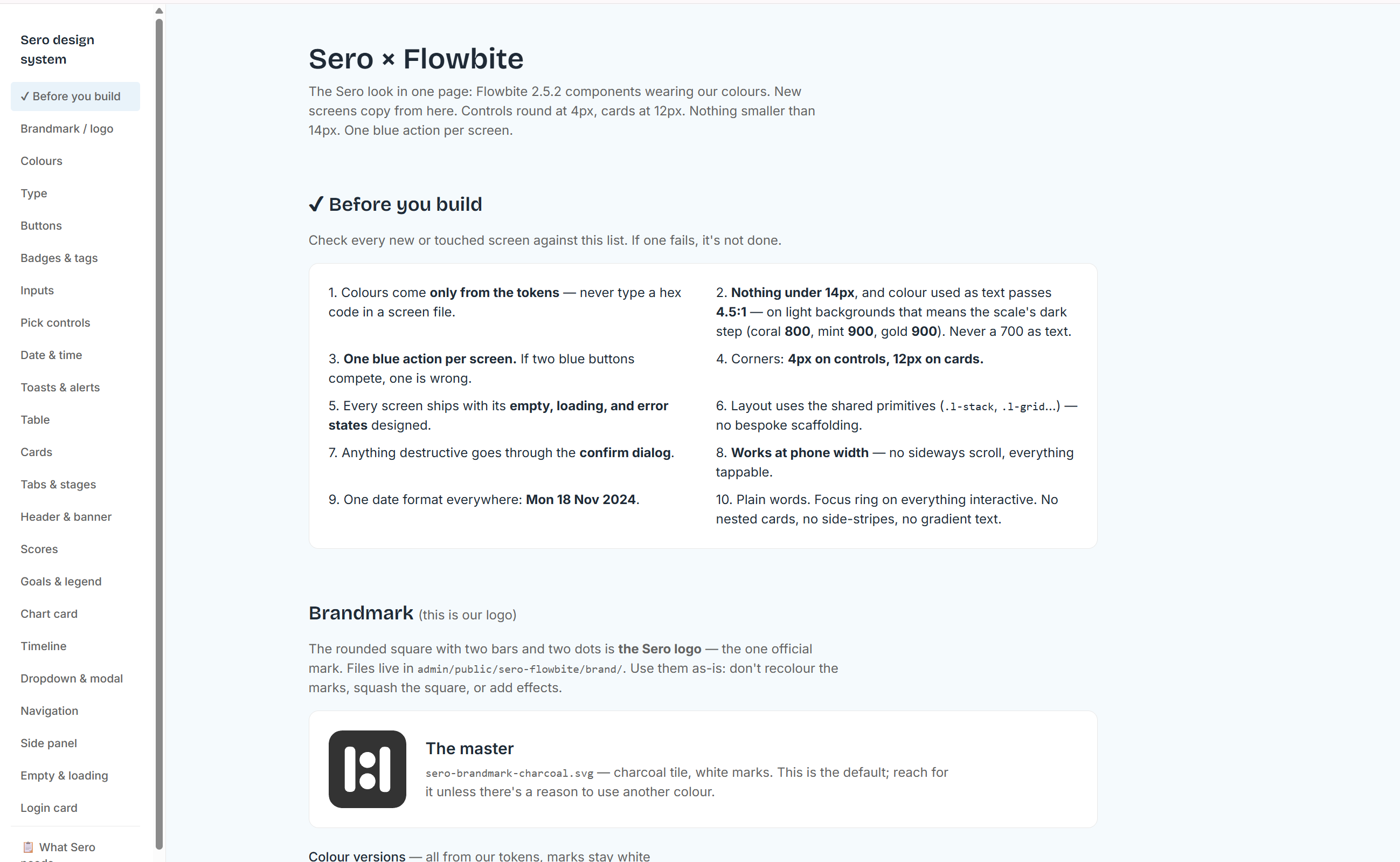 Sero design system - component library and visual language documentation showing the design principles and UI building blocks used across the Sero product