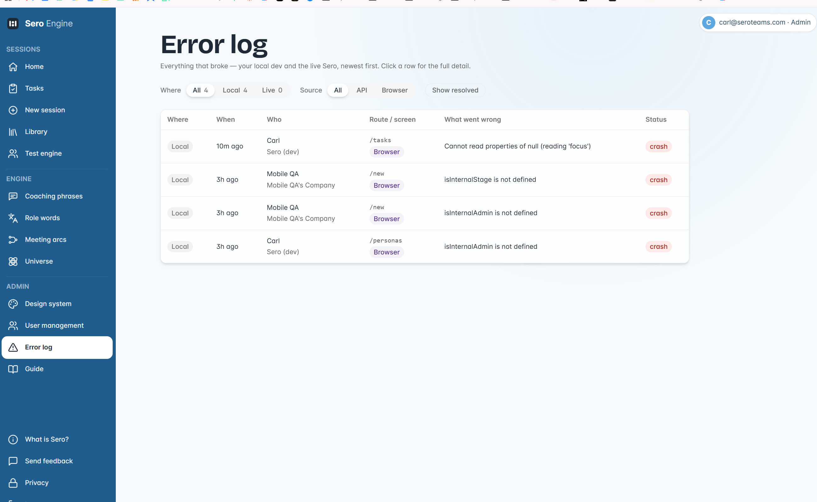 Sero error and validation states - UI showing how Sero surfaces factual gaps and missing information in preparation data rather than inferred psychological flags