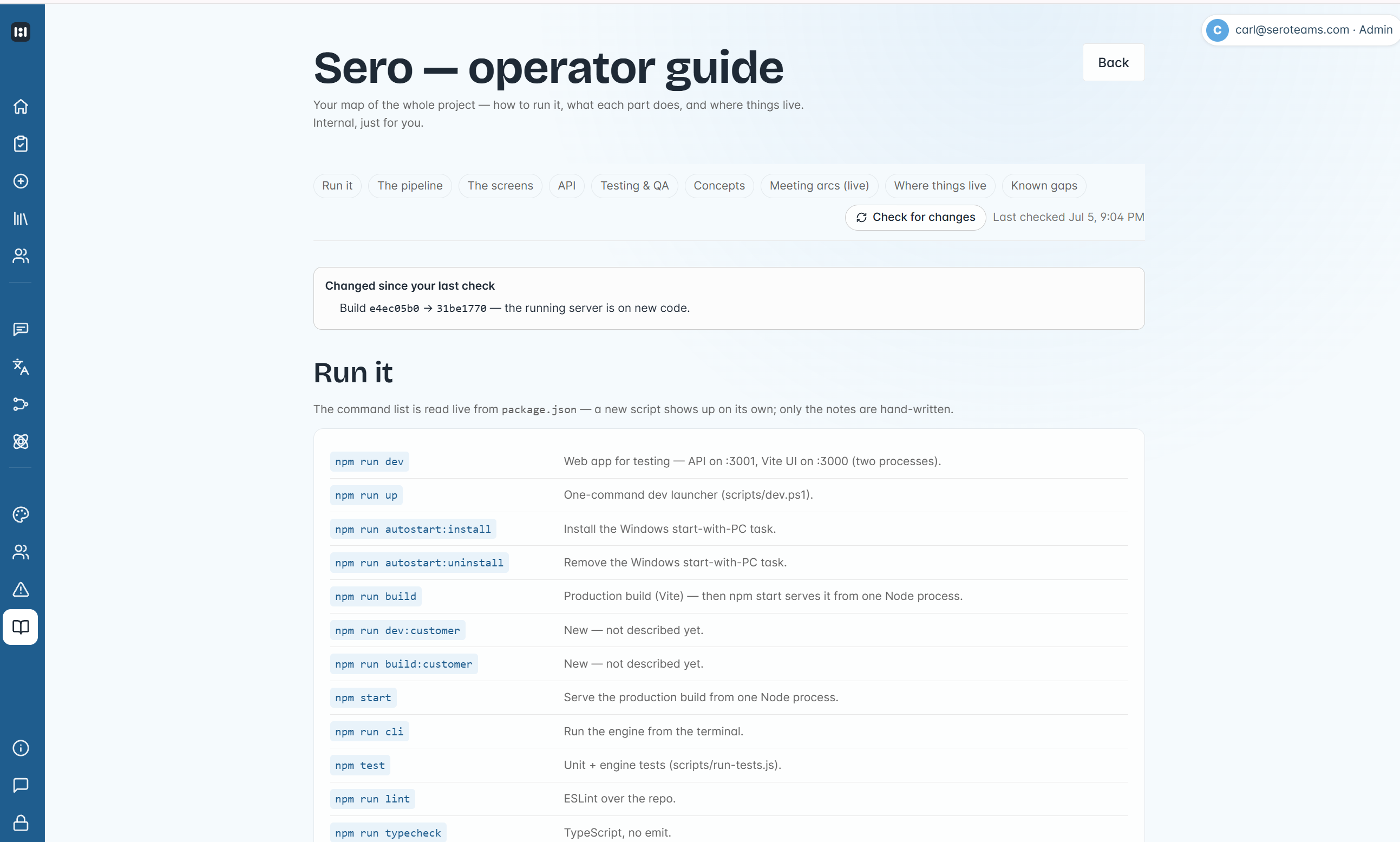Sero Guide screen - a structured AI-generated briefing with topic suggestions, conversation starters, and carry-forward items from previous 1:1 sessions