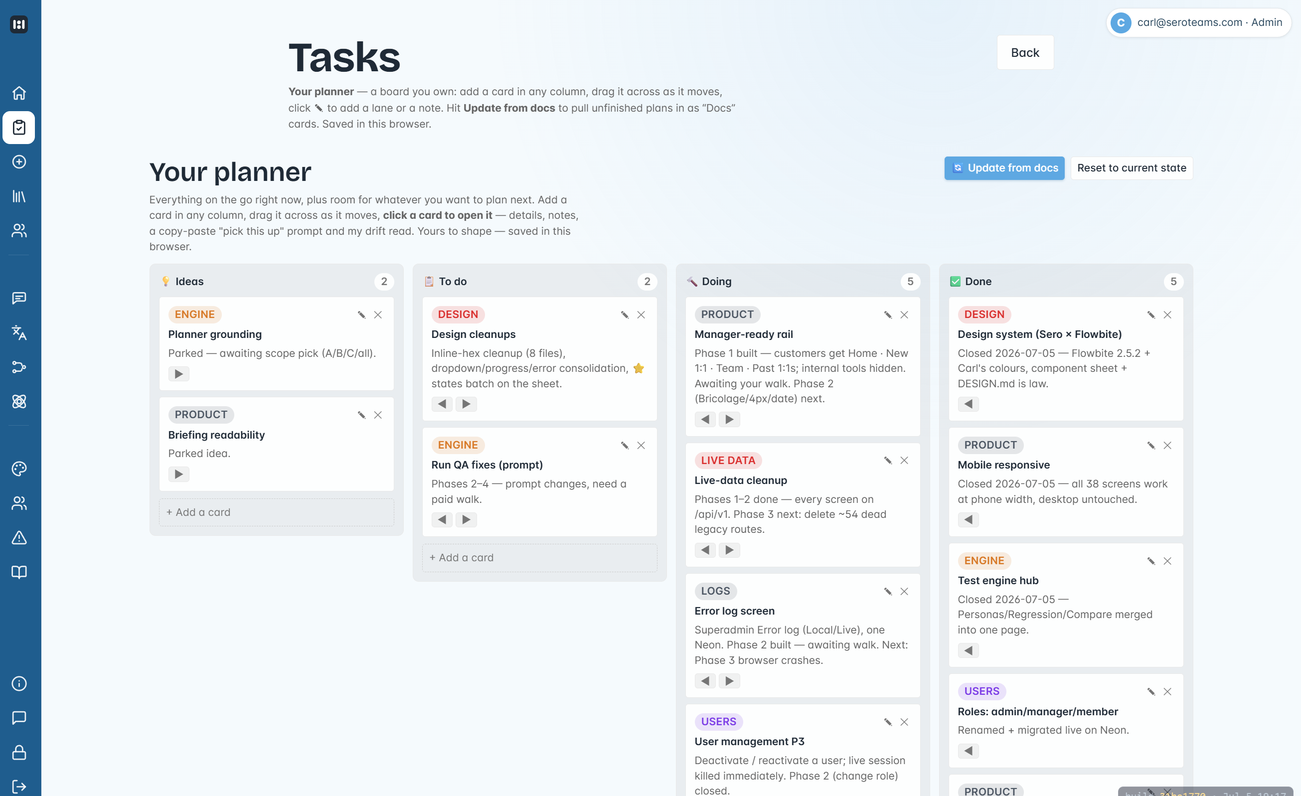 Sero Tasks planner - a kanban board with columns for Ideas, To do, Doing, and Done, showing work-in-progress cards like 'Design cleanups', 'Run QA fixes', and 'Live-data cleanup'
