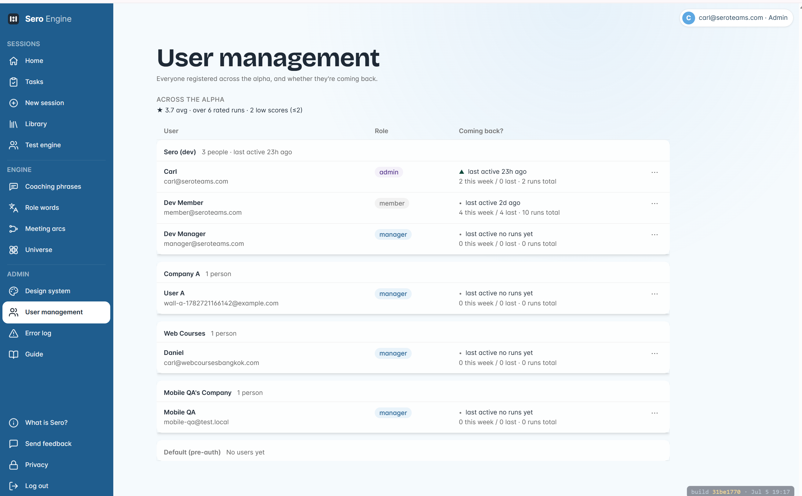 Sero user management screen - showing team members, their roles, and session history without any sentiment scores, risk ratings, or inferred psychological states