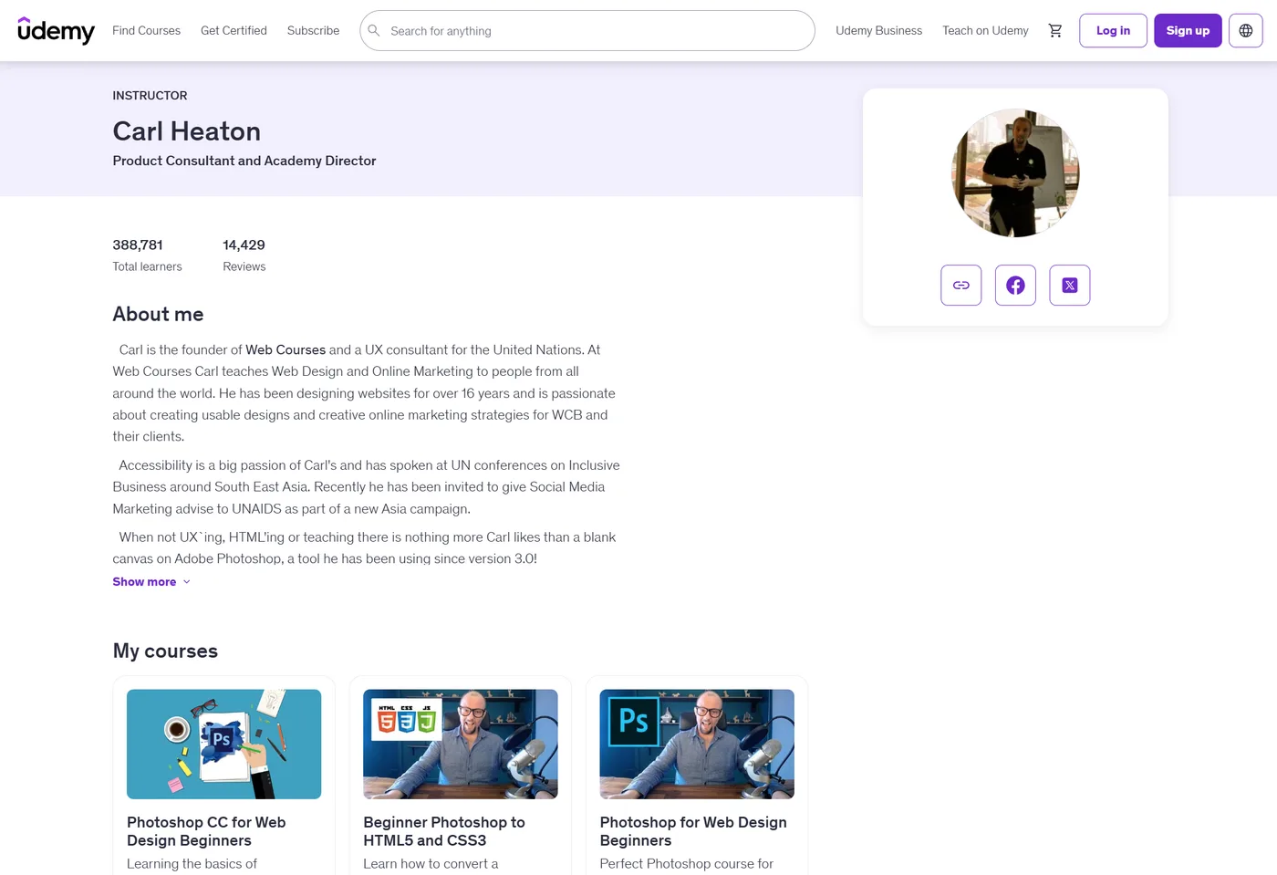 Carl Heaton's Udemy instructor profile showing 388,781 total learners and 14,429 reviews